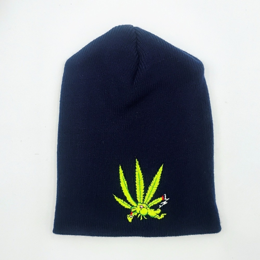 THC Clothing Navy Blue Leaf Embroidered Knit Beanie Hat Cap 420 VTG 90s Y2k LA